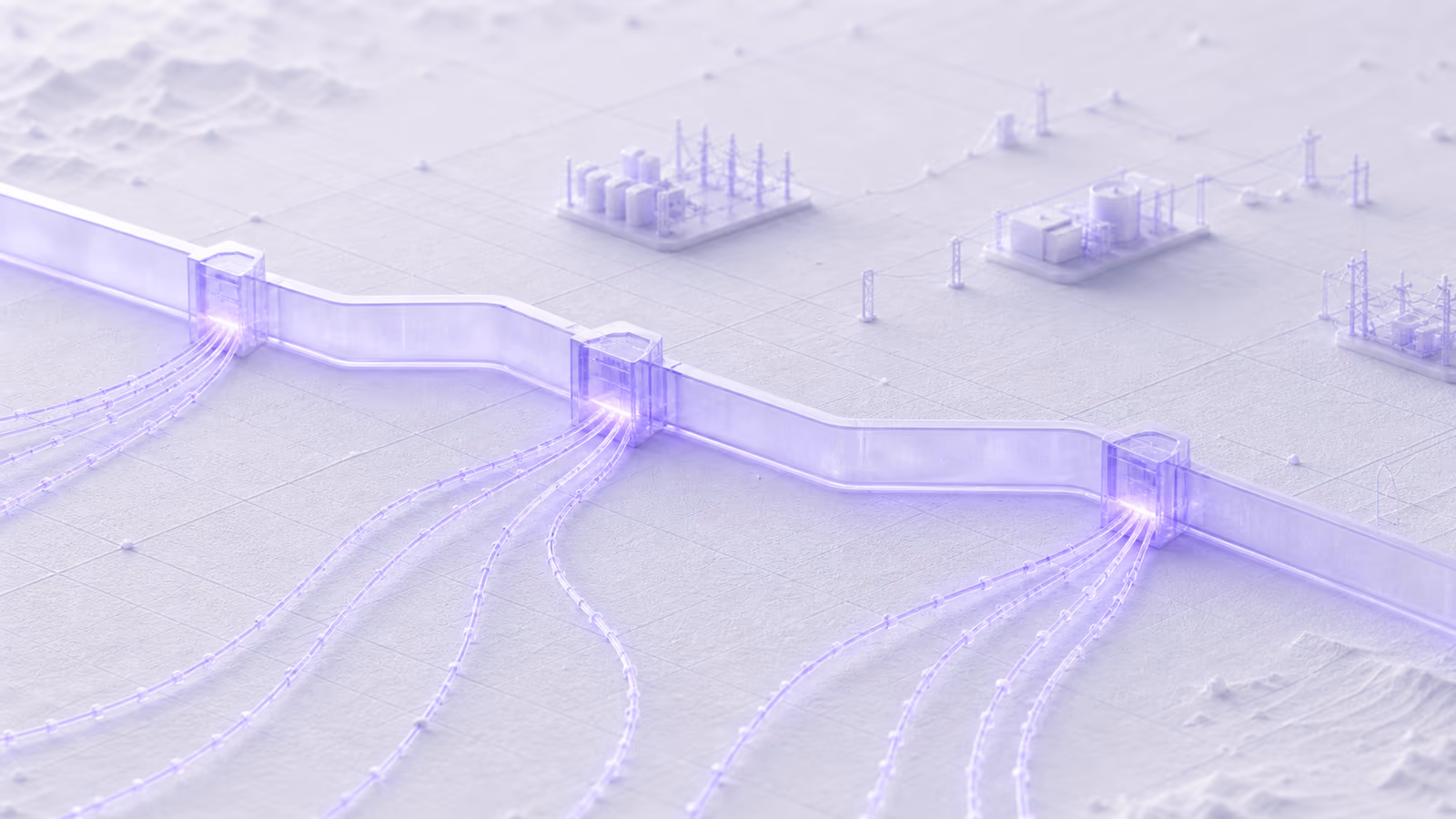Abstract energielandschap met lijnen die vermogensstromen en netgrenzen verbeelden