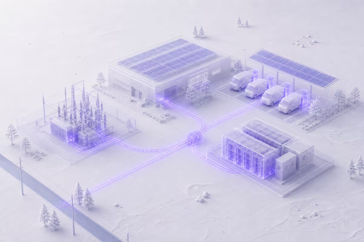 Netstation, laadplein en batterijopslag verbonden in één energiescenario.